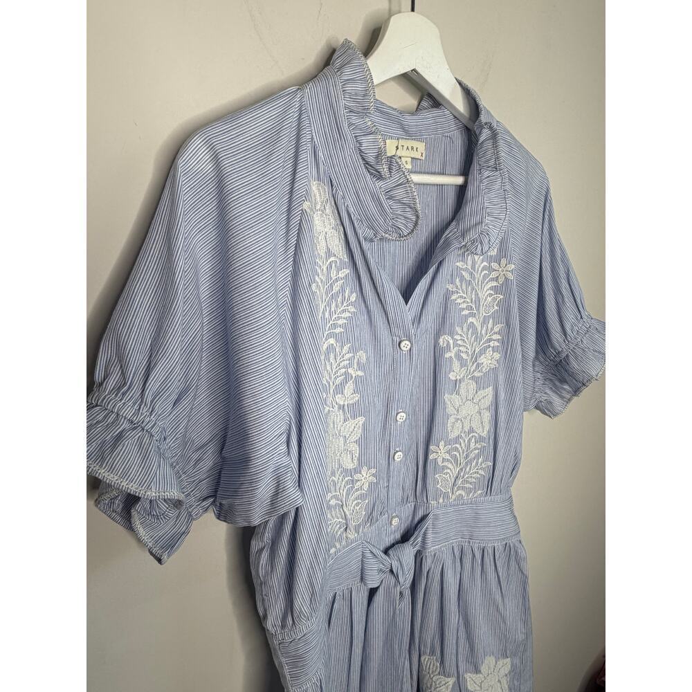 Stark Embroidered Ruffle Trim Short Sleeve Mini Shirtdress Blue White Women's S - Picture 6 of 10